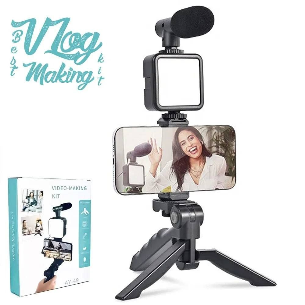 AY-49 Vlogger Video Making Kit – Microphone, LED Fill Light & Mini Tripod