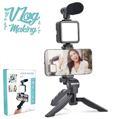 AY-49 Vlogger Video Making Kit – Microphone, LED Fill Light & Mini Tripod
