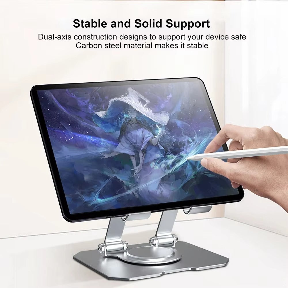 360° Rotating Metal Tablet & Mobile Stand – Adjustable, Foldable & Cooling Design