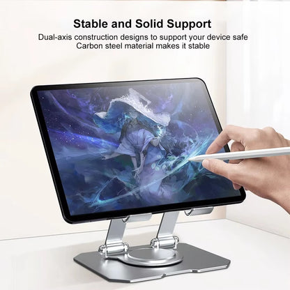 360° Rotating Metal Tablet & Mobile Stand – Adjustable, Foldable & Cooling Design