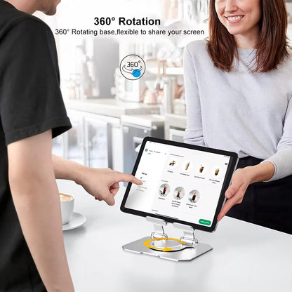 360° Rotating Metal Tablet & Mobile Stand – Adjustable, Foldable & Cooling Design