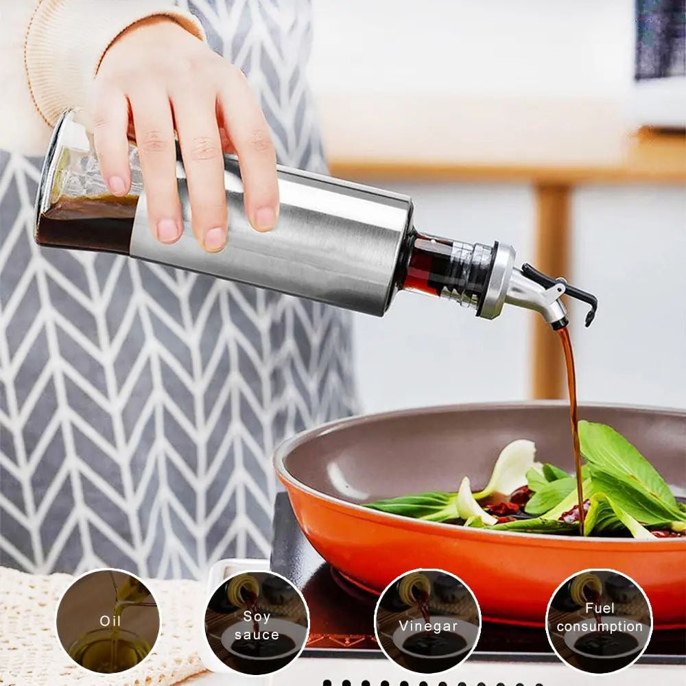 1 Glass Oil Bottle with Nozzle Head – 300ML Stainless Steel Case