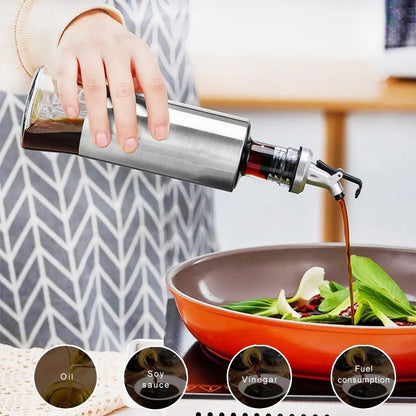 1 Glass Oil Bottle with Nozzle Head – 300ML Stainless Steel Case