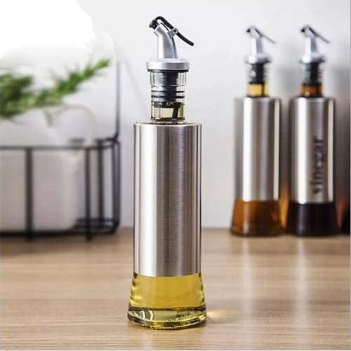 1 Glass Oil Bottle with Nozzle Head – 300ML Stainless Steel Case
