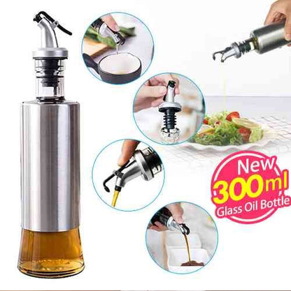 1 Glass Oil Bottle with Nozzle Head – 300ML Stainless Steel Case