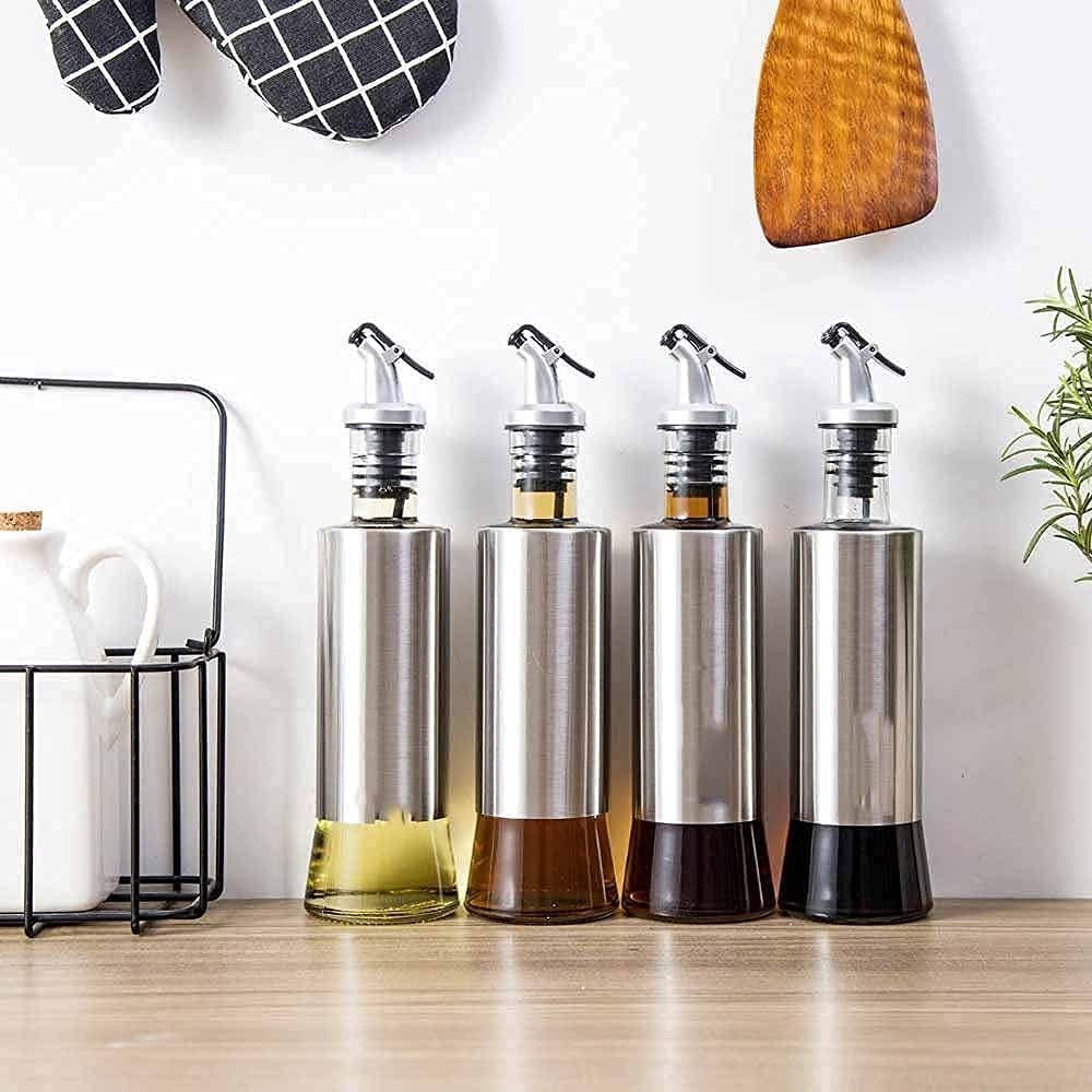 1 Glass Oil Bottle with Nozzle Head – 300ML Stainless Steel Case